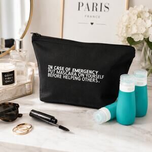 Chic Funny Makeup Bag Set Mascara Emergency w Travel Bottles Black Canvas NEW